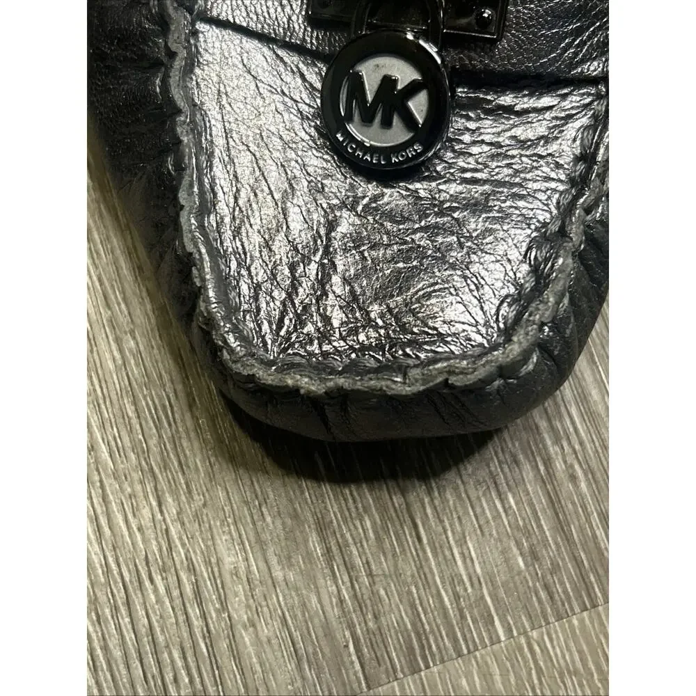 Michael Kors Silver Leather Loafer Flats Logo Accent Square Toe for Women Sz 7.5